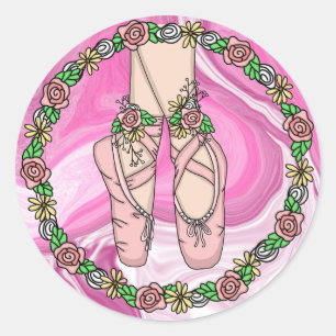 Personalized Ballet Slippers Pink and White Marble Classic Round Sticker