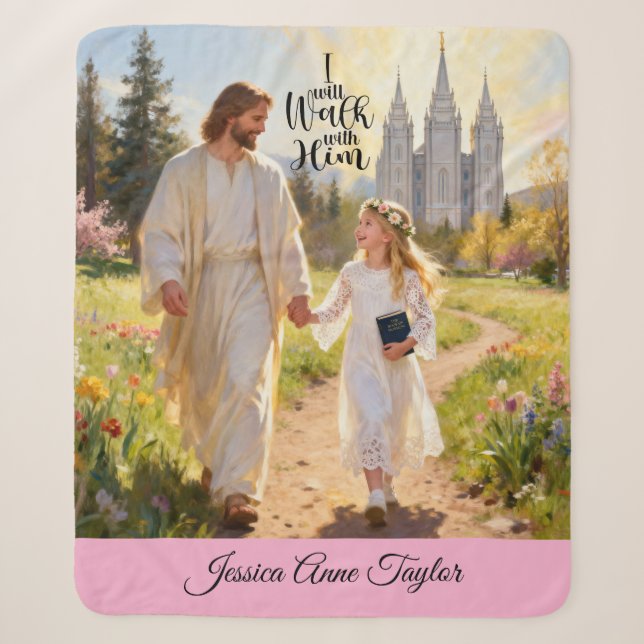 Personalized Baptism Blanket-I Will Walk With Him Sherpa Blanket (Front)
