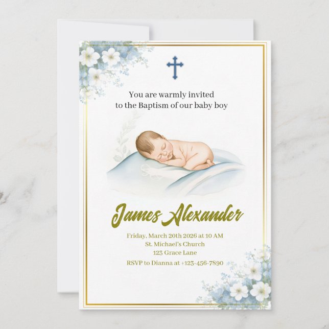 Personalized Baptism Ceremony Baby Boy  Invitation (Front)