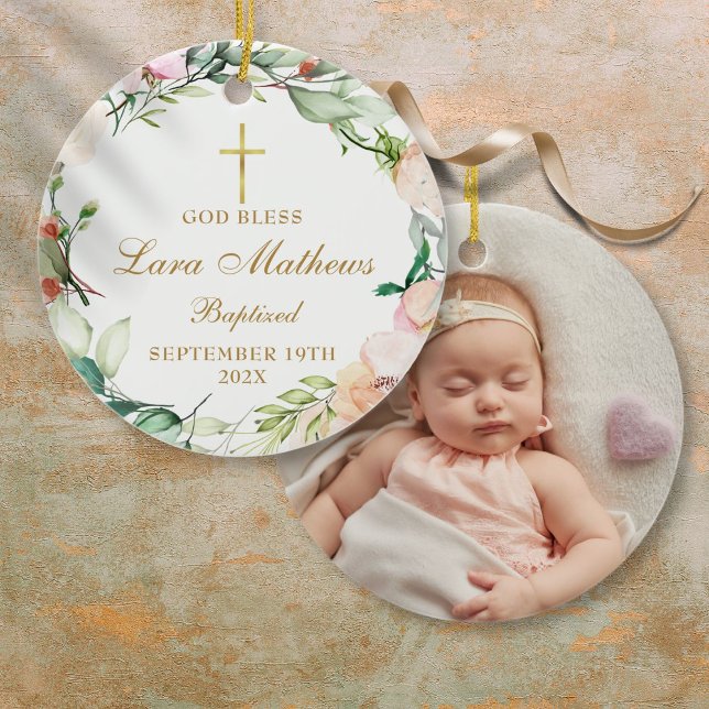 Personalized Baptism Photo Roses Floral Ceramic Tree Decoration (Personalized Boy Girl Baptism Photo Roses Floral Ceramic Ornament)