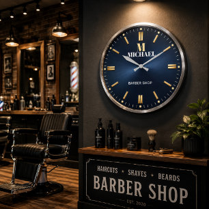 Personalized Barber Shop Blue Gold Modern Salon Large Clock