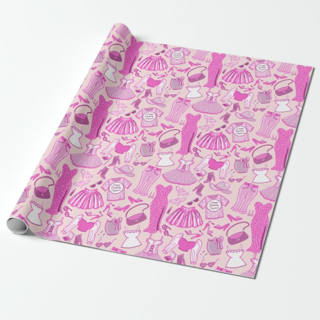 Personalized Barbiecore Pink and Hot Pink Fashion Wrapping Paper (Unrolled)