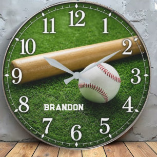 Personalized Baseball Bat and Ball on Green Field Large Clock