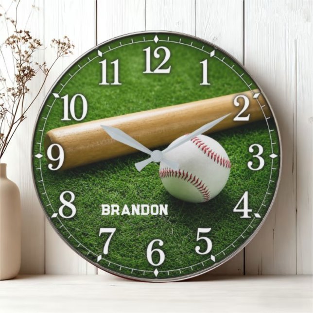 Personalized Baseball Bat and Ball on Green Field Large Clock (Creator Uploaded)