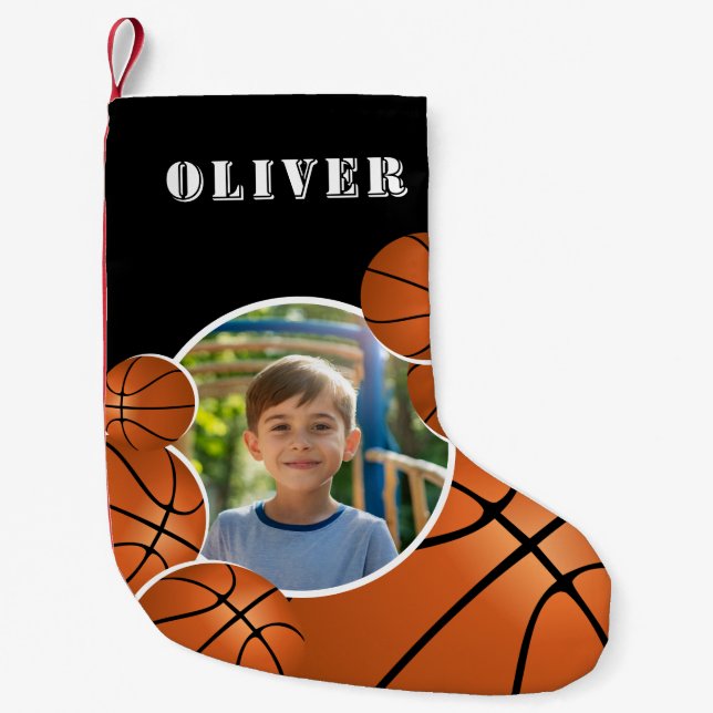 Personalized Basketball Ball Football Boy Photo  Small Christmas Stocking (Front)