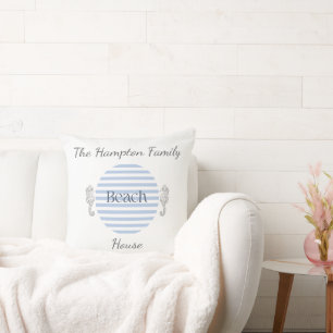 Personalized Beach House, Blue Coastal Stripe Cushion