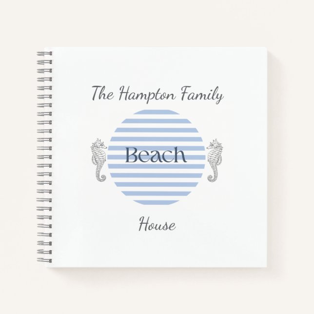 Personalized Beach House, Blue Coastal Stripe  Notebook (Front)