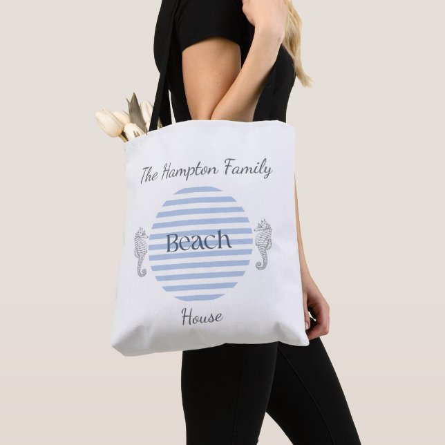 Personalized Beach House, Blue Coastal Stripe  Tote Bag (Close Up)