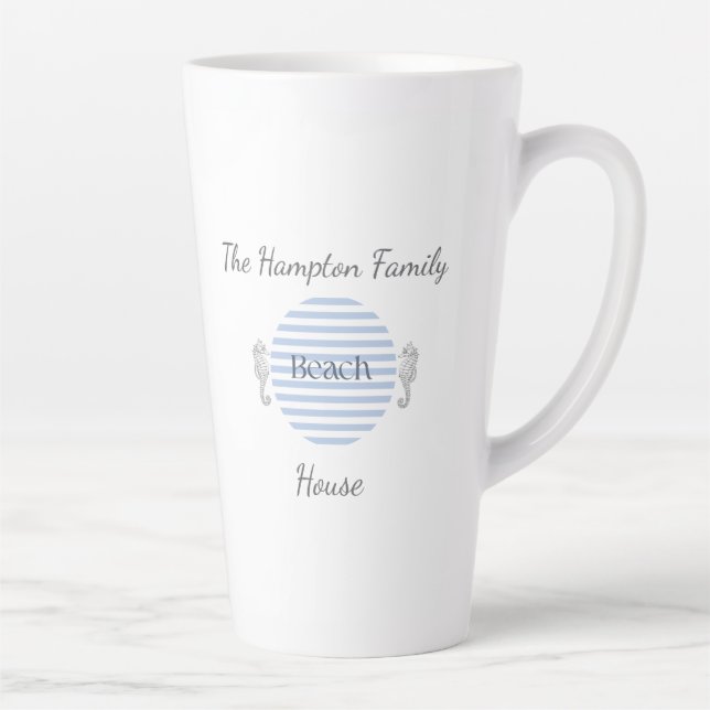 Personalized Beach House Mug, Blue Coastal Stripe  Latte Mug (Right)