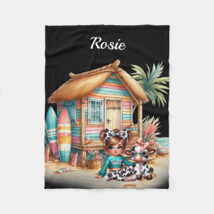 Personalized Beach Hut and Cow Print Girl Blanket