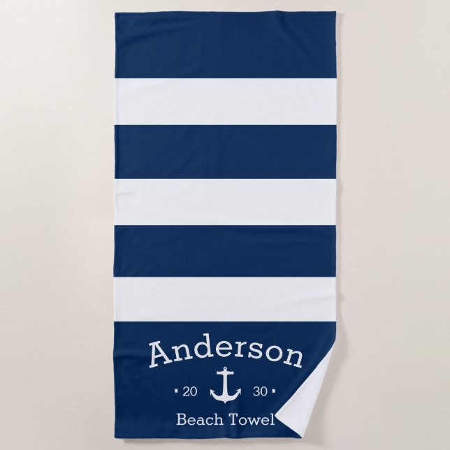 Personalized Beach Towel - Blue & White Nautical (Front)