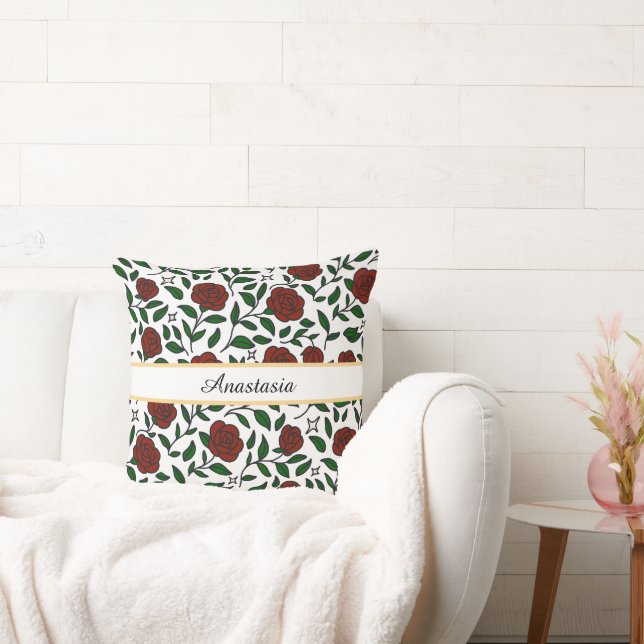 Personalized Beauty and Beast Garden Rose Name Red Cushion (Couch)