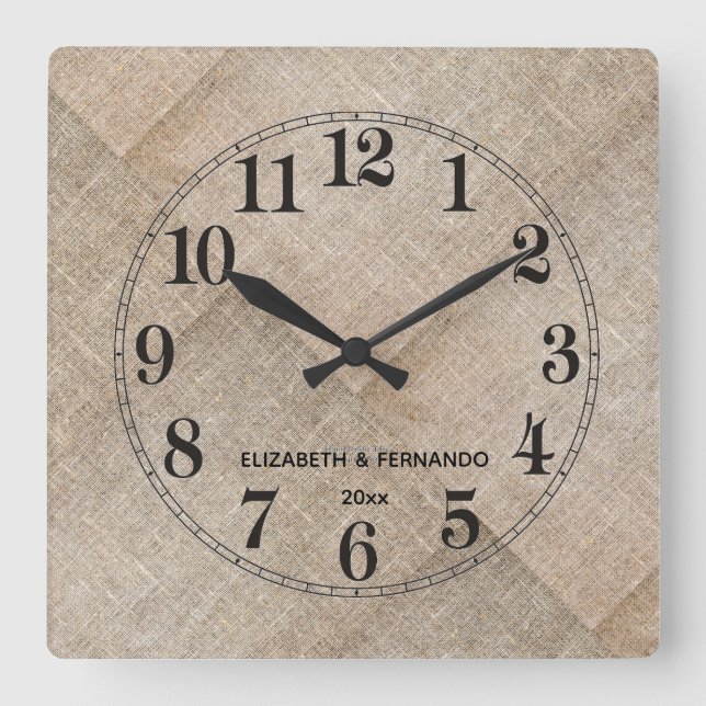 Personalized Beige Faux Linen Square Wall Clock (Front)