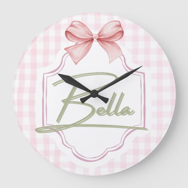 Personalized Bella Baby Girl Nursery Bow&Gingham Large Clock (Front)
