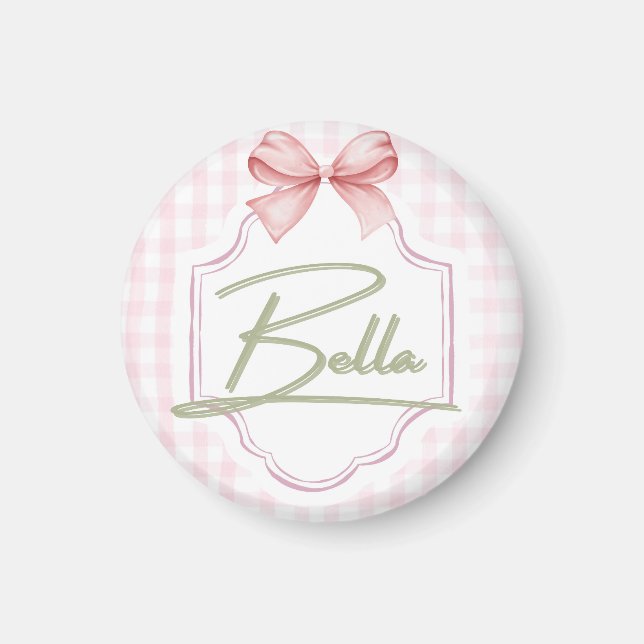 Personalized Bella Baby Girl Nursery Bow&Gingham Magnet (Front)