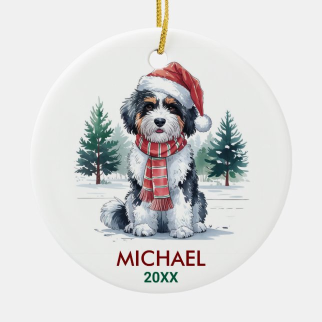 Personalized Bernedoodle Dog Christmas Ceramic Tree Decoration (Front)
