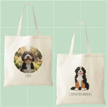 Personalized Bernedoodle Dog Mom Custom Photo Tote Bag<br><div class="desc">Show off your furry best friend with this stylish tote bag featuring a charming hand-drawn Bernedoodle illustration. The front side shares your pride with "I love my Bernedoodle, " while the back is fully customizable with your pet's own photo and name. This personalized Bernedoodle gift is a must-have for every...</div>