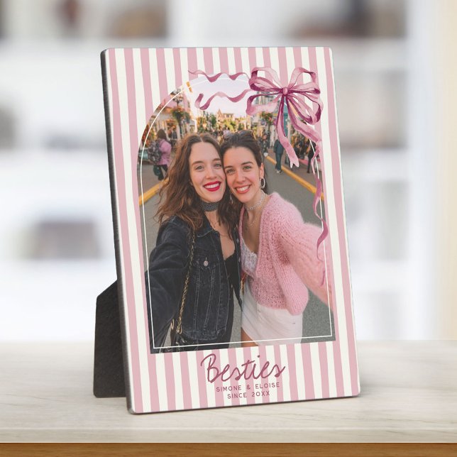 Personalized Best Friends Photo Pink Stripes Bow Plaque (Creator Uploaded)