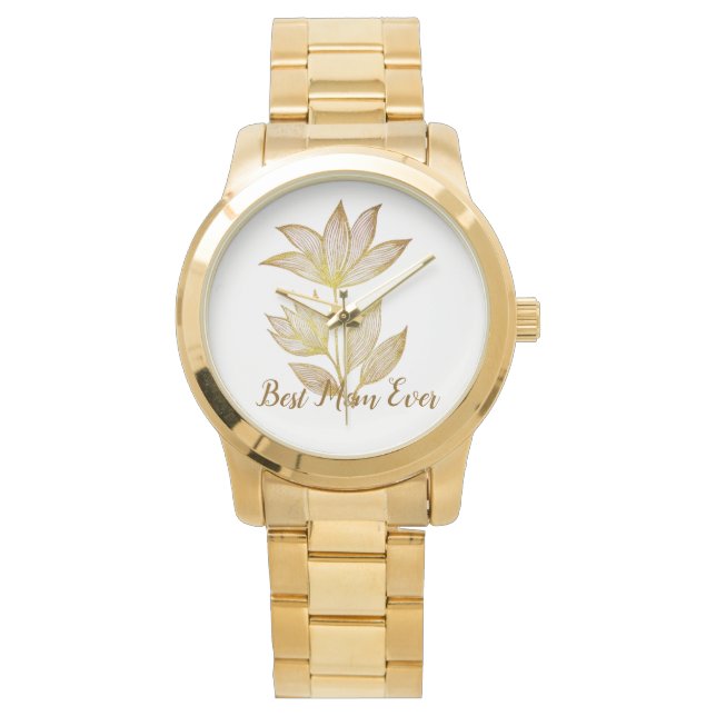 Personalized Best Mom Ever Golden Floral Watch (Front)