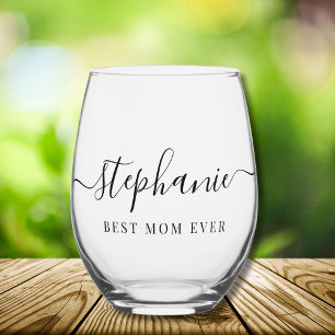 Personalized Best Mom Ever Script Monogram Stemless Wine Glass