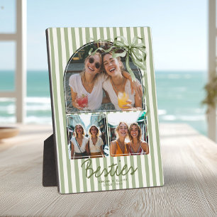 Personalized Besties 3 Photo Collage Sage Green Plaque