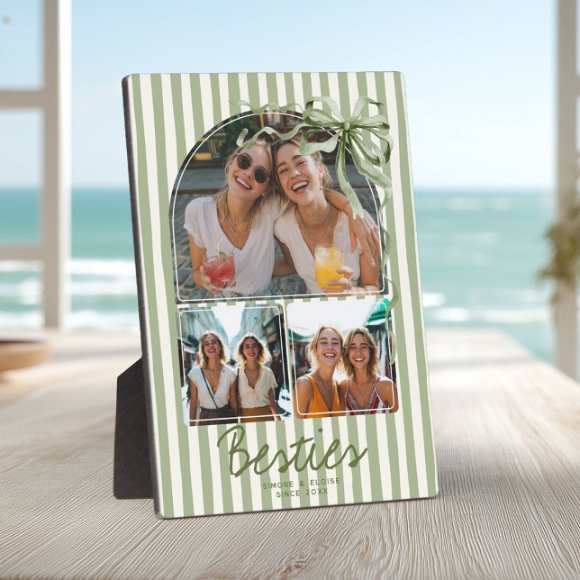 Personalized Besties 3 Photo Collage Sage Green Plaque (Sage green striped personalized besties photo block with three photos)