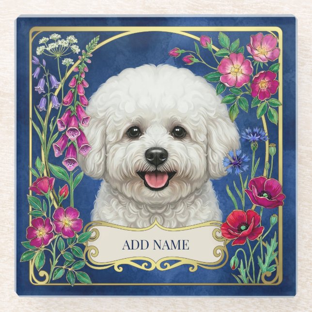 Personalized Bichon Frise Blue Floral Coaster (Front)