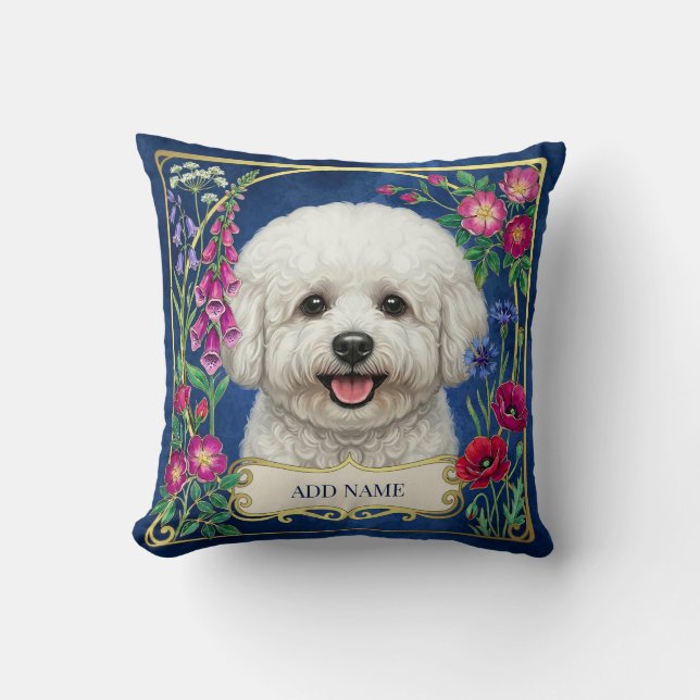 Personalized Bichon Frise Blue Floral Cushion (Front)
