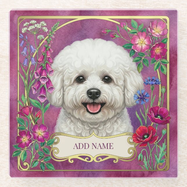 Personalized Bichon Frise Pink Glass Coaster (Front)