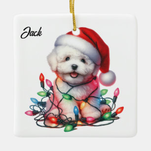 Personalized Bichon Frise Santa Hat Christmas Ceramic Ornament