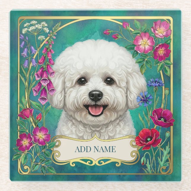 Personalized Bichon Frise Teal Glass Coaster (Front)
