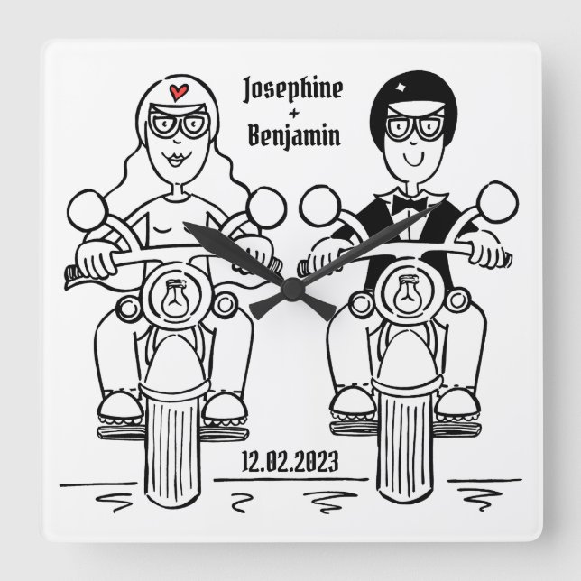 Personalized Biker Motorcycle Wedding Acrylic  Square Wall Clock (Front)