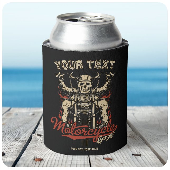 Personalized Biker Skeleton Motorcycle Shop Garage Can Cooler (Creator Uploaded)