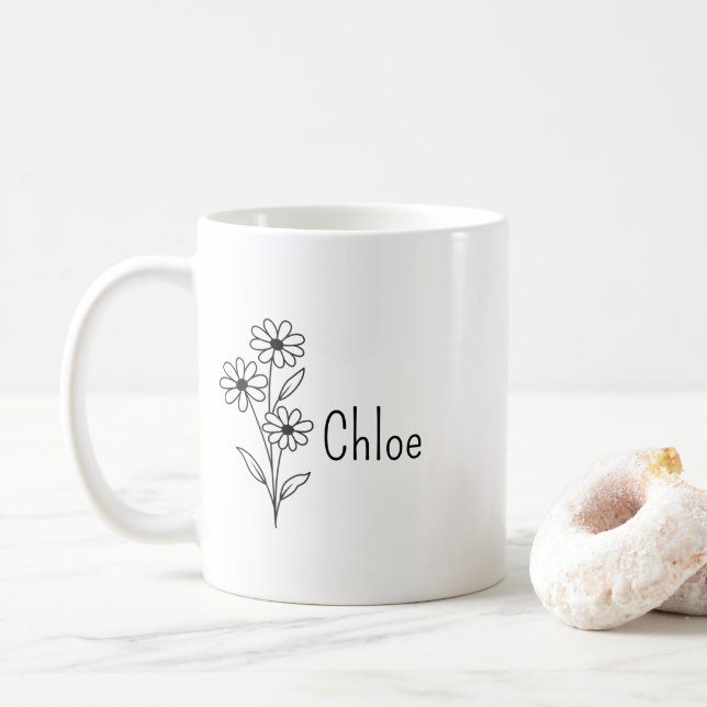 Personalized Birth Flower Ceramic Mug, Custom name Coffee Mug (With Donut)