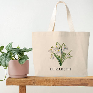 Personalized Birth Month Flower Custom Name Canvas Large Tote Bag