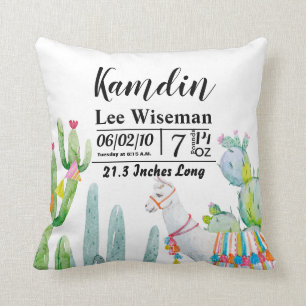 Personalized Birth Pillow Boho Llama Bohemian Cact