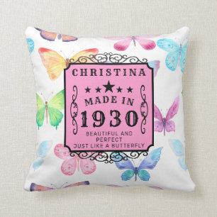Personalized Birthday 1930 Butterfly Add Name Pink Cushion