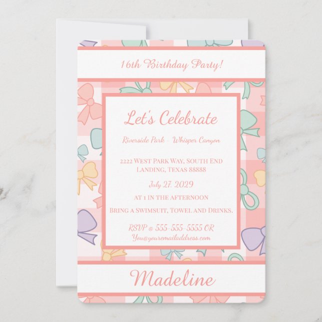 Personalized Birthday Bow Gingham Sweet Invitation (Front)