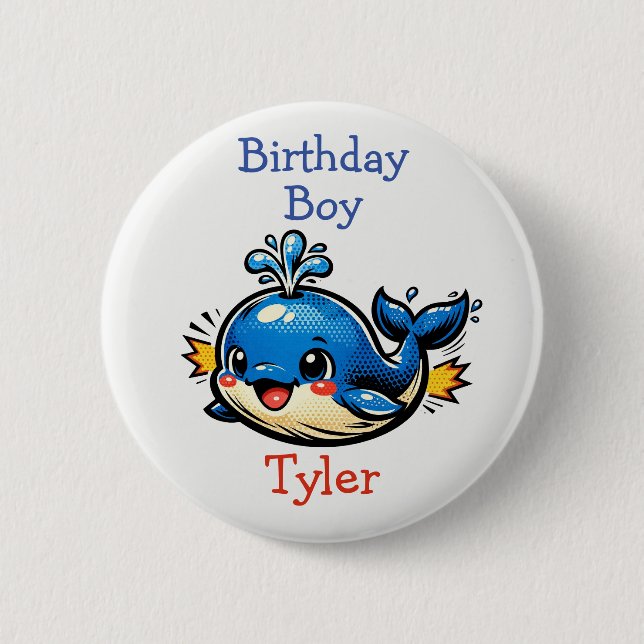 Personalized Birthday Boy Pop Art Whale 6 Cm Round Badge (Front)