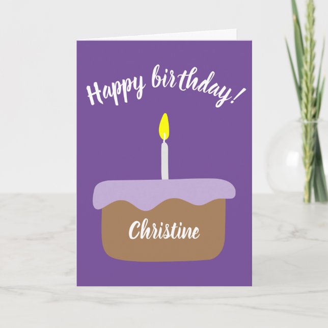 Personalized Birthday Cake w/ Lit Candle | Purple Card (Front)