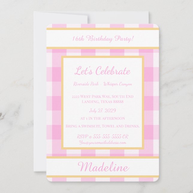 Personalized Birthday Gingham Pink Invitation (Front)