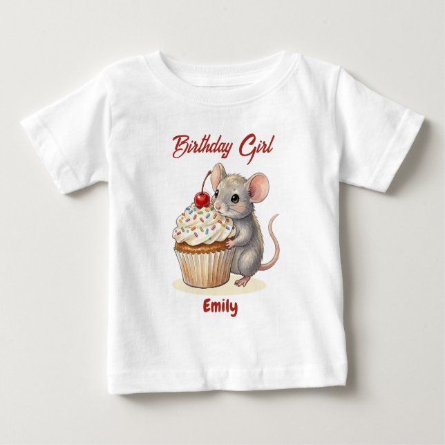Personalized Birthday Girl | Cute Mouse & Cupcake Baby T-Shirt (Front)