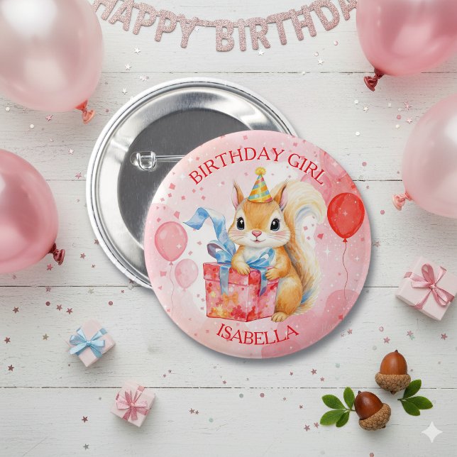 Personalized Birthday Girl's Squirrel Pink and Red 6 Cm Round Badge (Creator Uploaded)