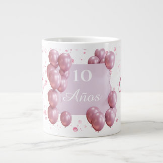 Personalized birthday mug, pink balloons large coffee mug
