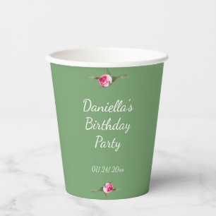 Personalized Birthday Party Floral Spray Green Paper Cups
