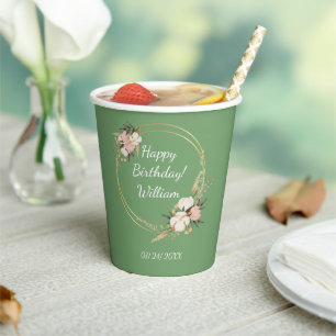 Personalized Birthday Party Floral Spray Green Paper Cups