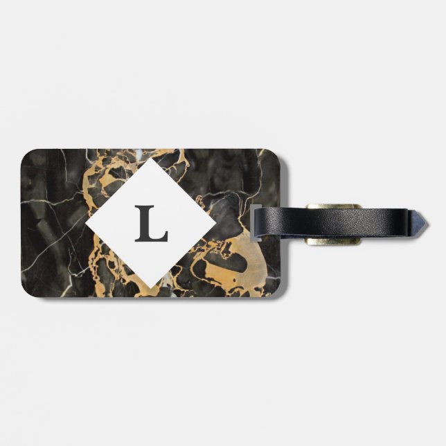 Personalized Black and Gold Marble luggage tag (Back Horizontal)