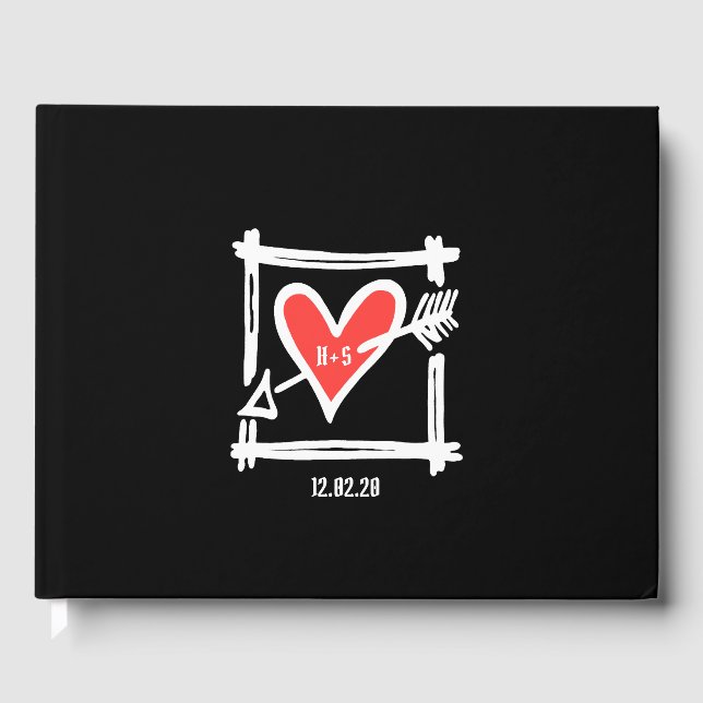Personalized Black and Red Love Heart Wedding Guest Book (Front)