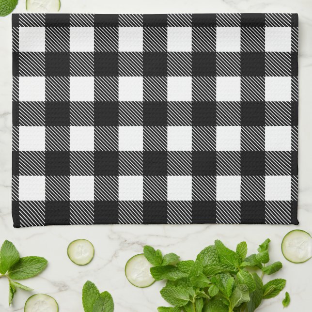 Personalized Black and White Buffalo Plaid Kitchen Tea Towel (Folded)