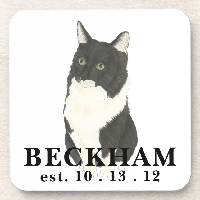Personalized Black and White Cat Beverage Coaster (Front)